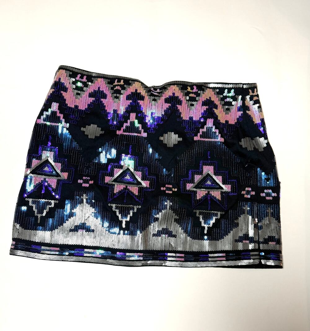 Express Geometric Sequin Mini Skirt Black Purple Silver